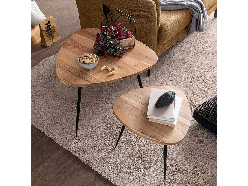 Couchtisch Set aus Akazie Massivholz und Edelstahl Wankelform (zweiteilig)