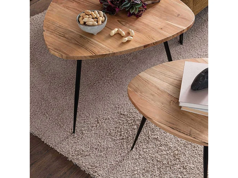 Couchtisch Set aus Akazie Massivholz und Edelstahl Wankelform (zweiteilig)