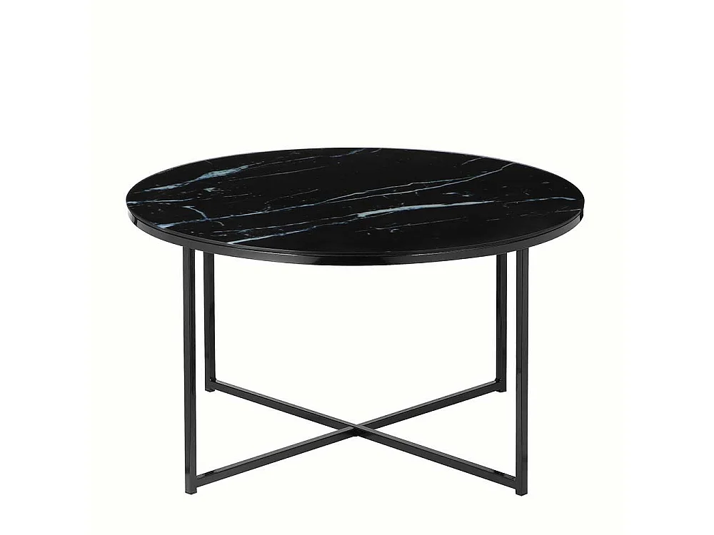 Runder Couchtisch mit Glasplatte Marmoroptik Retrostil