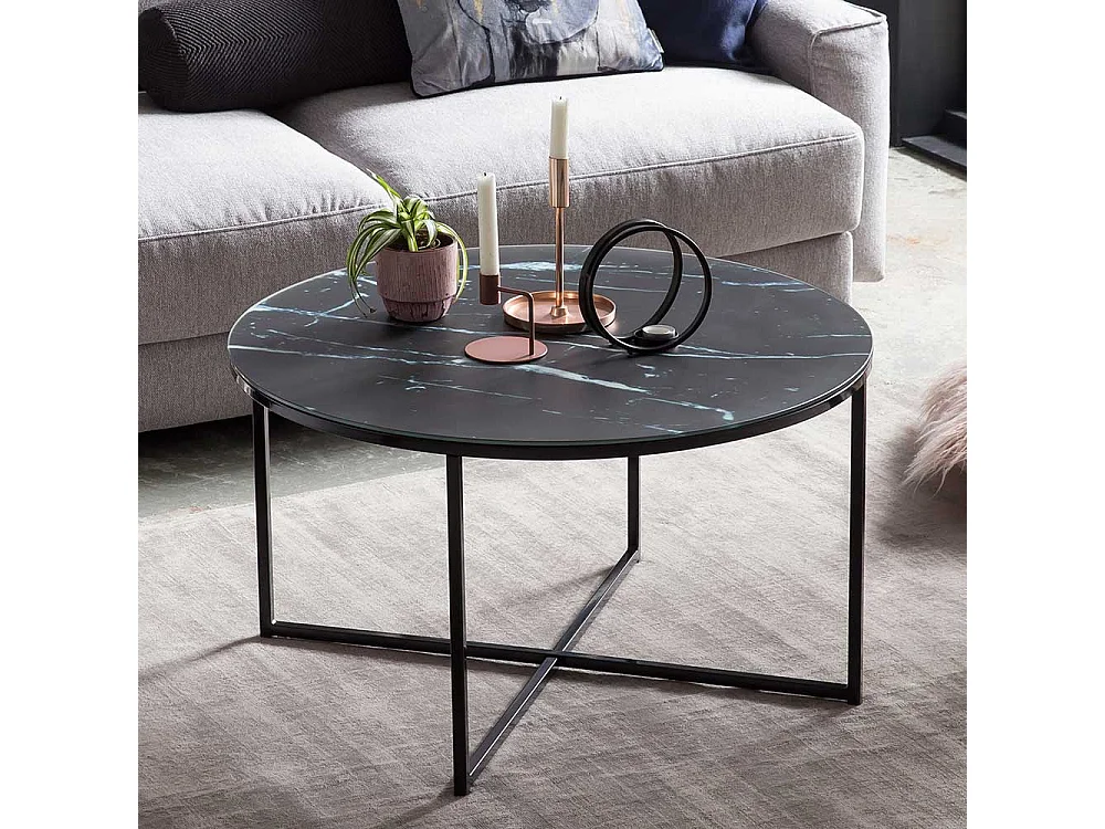 Runder Couchtisch mit Glasplatte Marmoroptik Retrostil