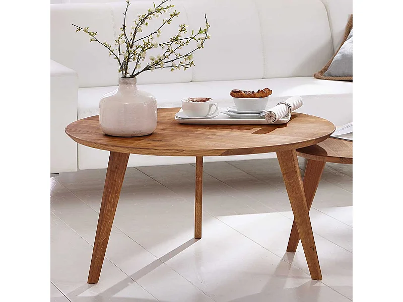 Runder Couchtisch aus Wildeiche Massivholz Retro Design