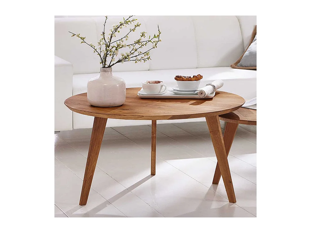 Runder Couchtisch aus Wildeiche Massivholz Retro Design