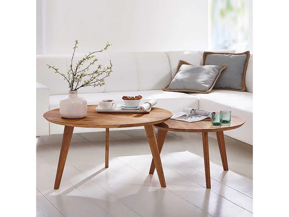 Runder Couchtisch aus Wildeiche Massivholz Retro Design