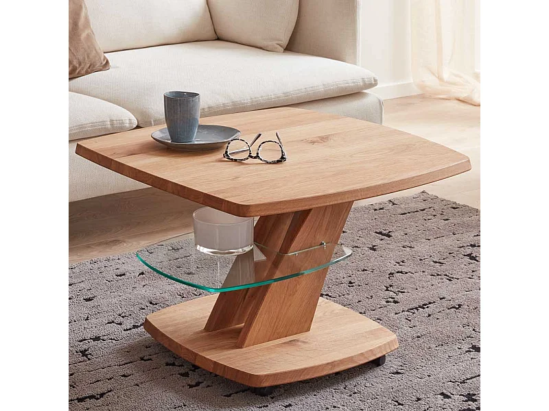 Moderner Couchtisch aus Kernbuche Massivholz geölt höhenverstellbar rollbar