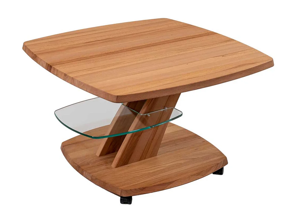 Moderner Couchtisch aus Kernbuche Massivholz geölt höhenverstellbar rollbar