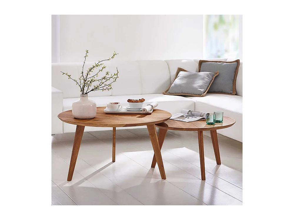 Runder Couchtisch aus Wildeiche Massivholz Retro Design