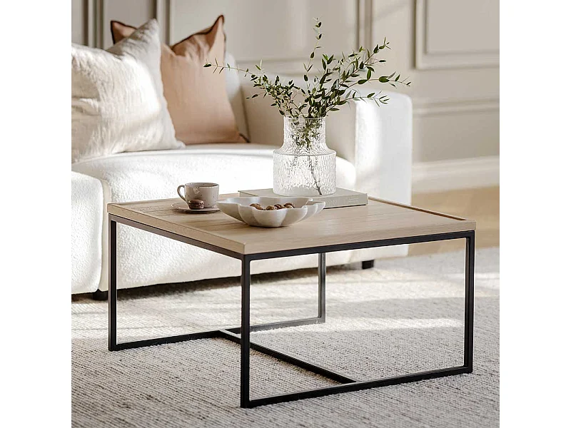 Quadratischer Sofatisch im Skandi Design Eiche White Wash und Schwarz