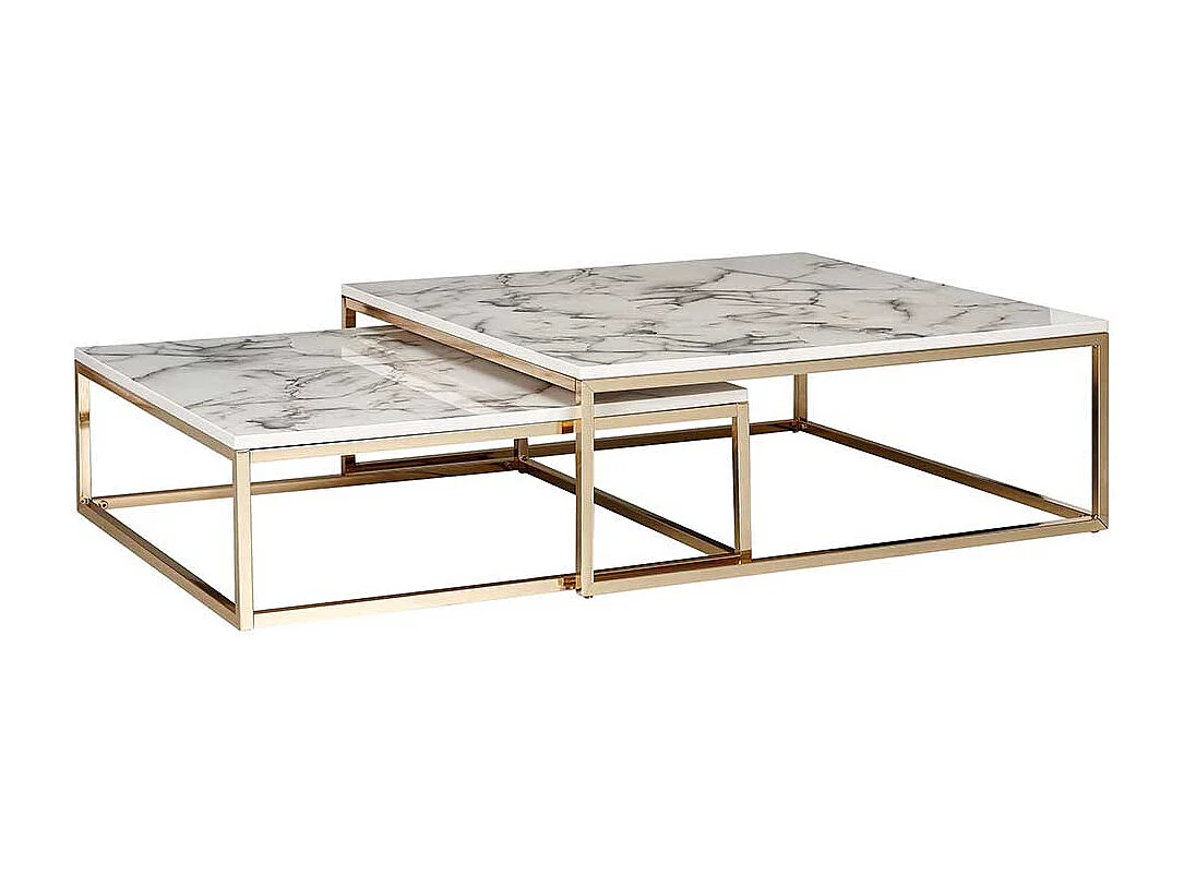 Wohnzimmertisch Set modern in Weiß Marmor Optik Goldfarben (zweiteilig)
