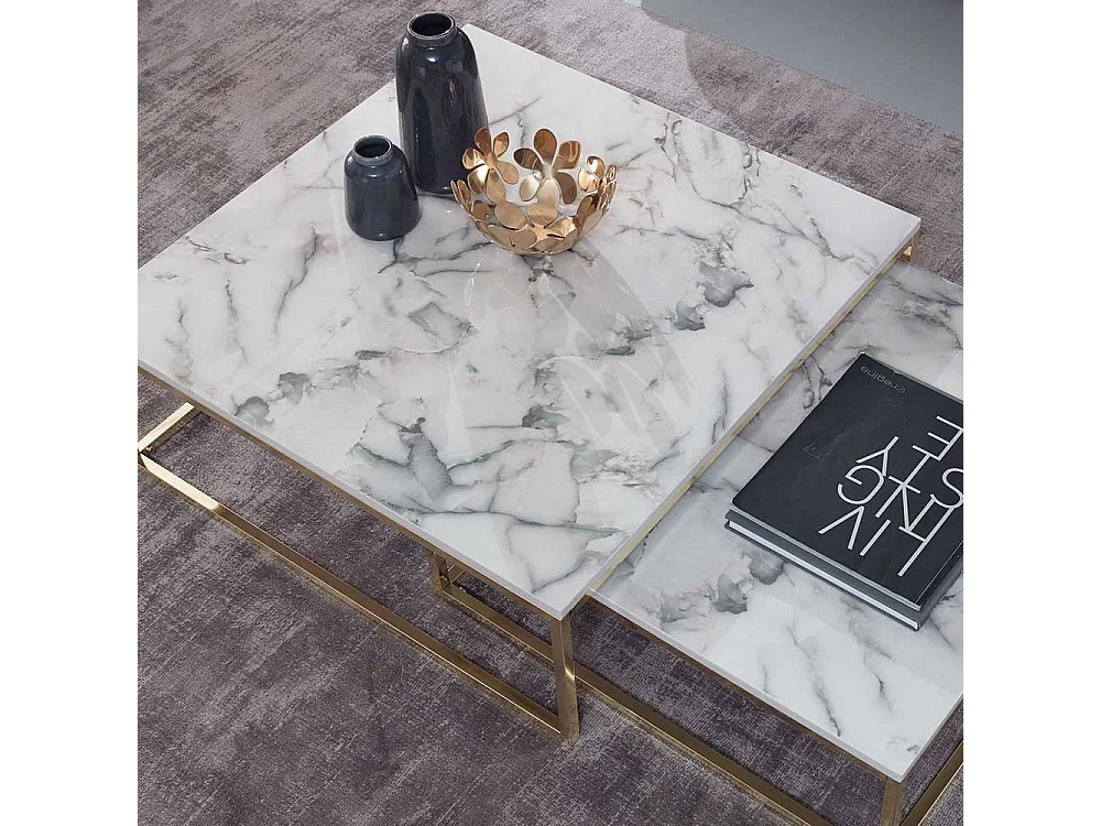 Wohnzimmertisch Set modern in Weiß Marmor Optik Goldfarben (zweiteilig)