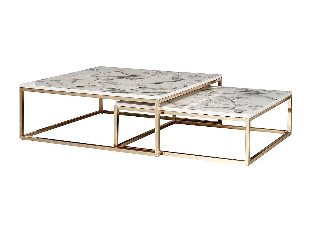 Wohnzimmertisch Set modern in Weiß Marmor Optik Goldfarben (zweiteilig)