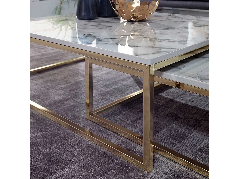 Wohnzimmertisch Set modern in Weiß Marmor Optik Goldfarben (zweiteilig)