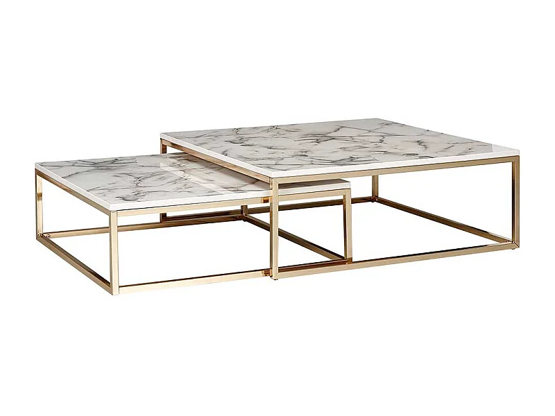Wohnzimmertisch Set modern in Weiß Marmor Optik Goldfarben (zweiteilig)