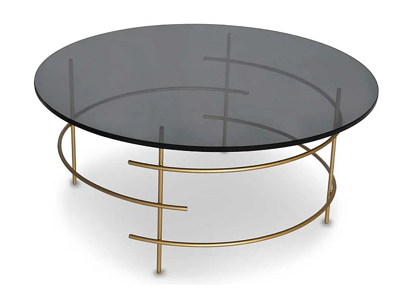 Design Couchtisch mit runder Rauchglasplatte 4-Fußgestell in Goldfarben
