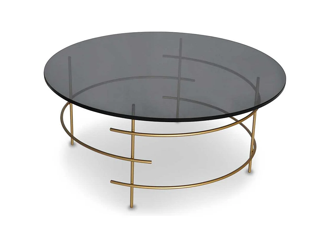 Design Couchtisch mit runder Rauchglasplatte 4-Fußgestell in Goldfarben