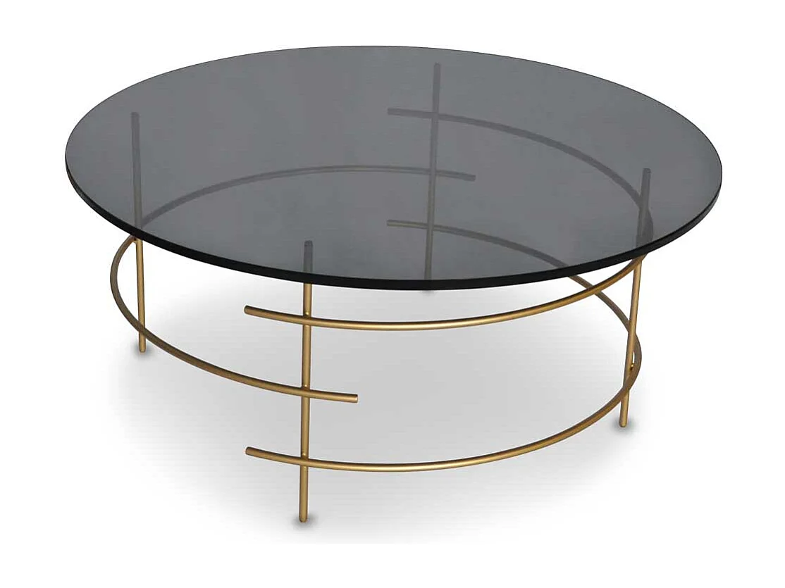 Design Couchtisch mit runder Rauchglasplatte 4-Fußgestell in Goldfarben