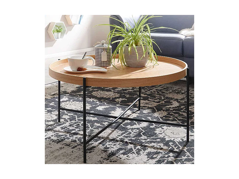 Skandi Couchtisch in Eichefarben und Schwarz rund