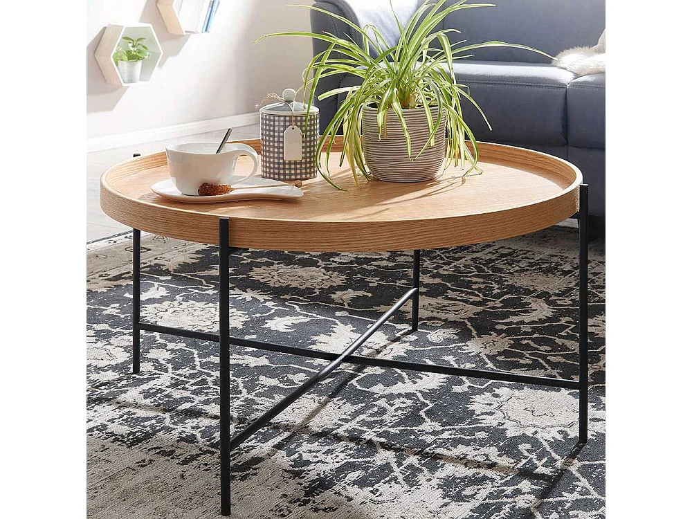 Skandi Couchtisch in Eichefarben und Schwarz rund