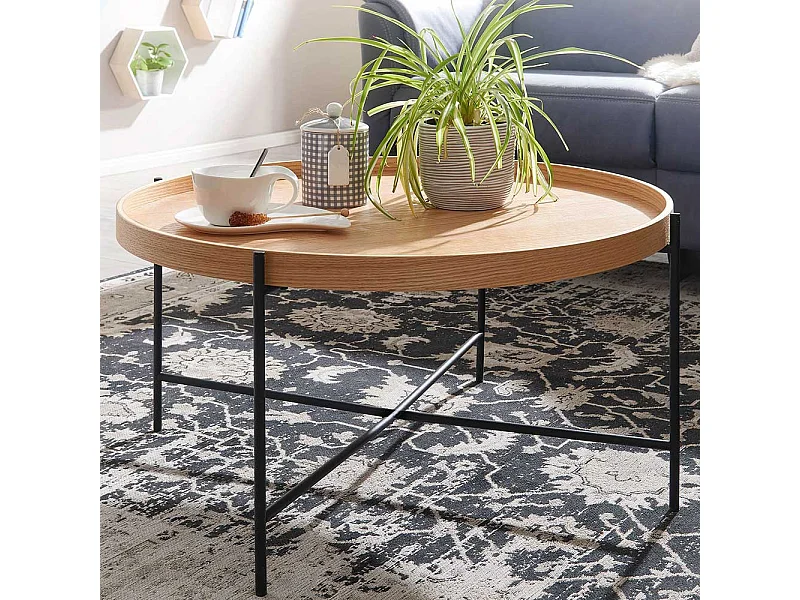 Skandi Couchtisch in Eichefarben und Schwarz rund