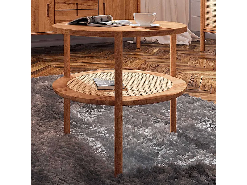 Moderner Wohnzimmertisch aus Rattan Geflecht Wildbuche Massivholz