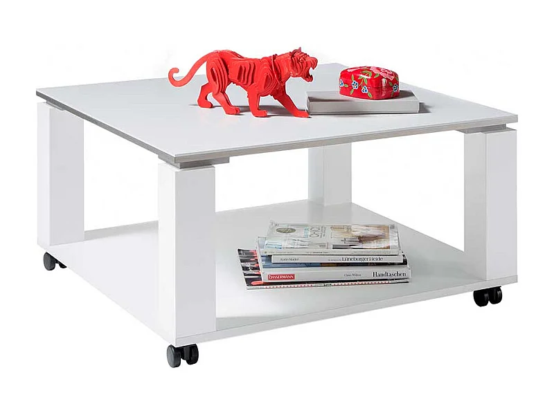 Hochglanz Couchtisch 76x76 cm in Weiß Rollen