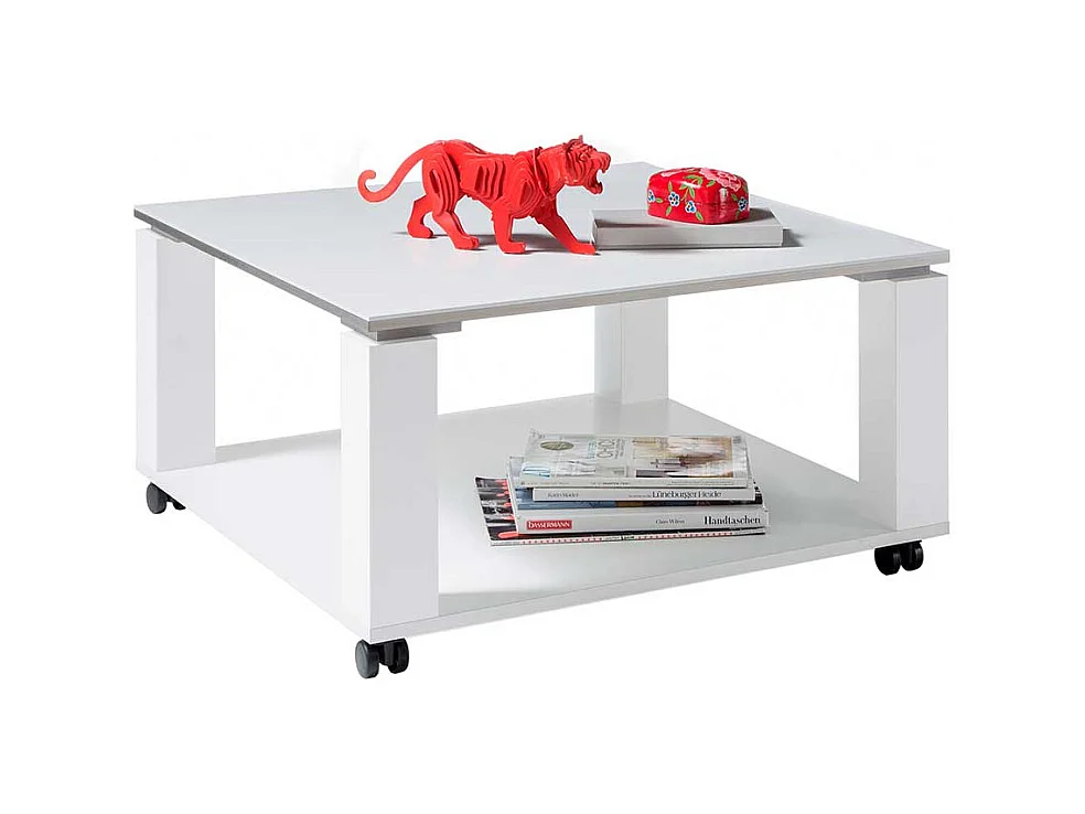 Hochglanz Couchtisch 76x76 cm in Weiß Rollen