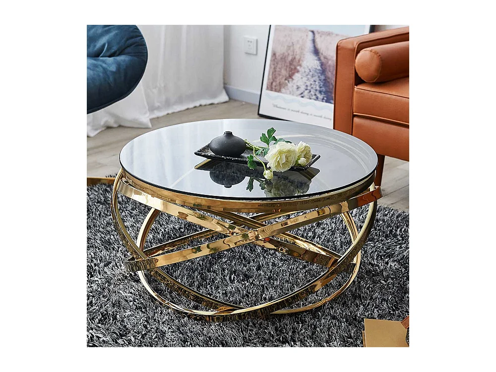 Glas und Metall Couchtisch in Goldfarben und Grau 42 cm hoch