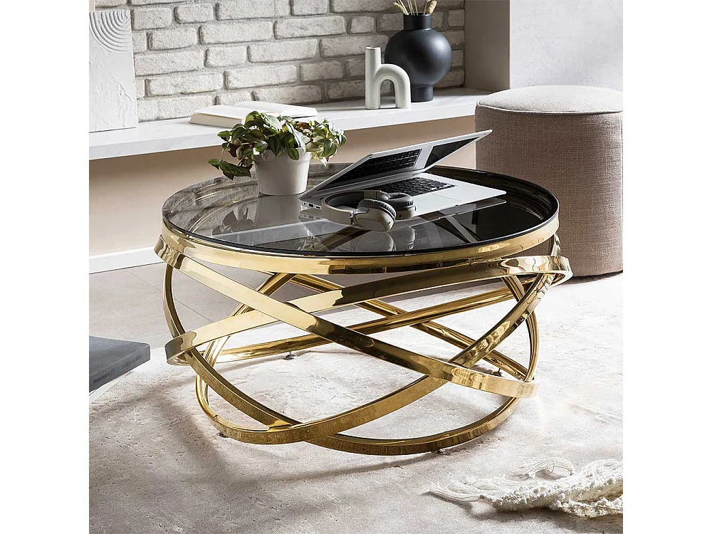 Glas und Metall Couchtisch in Goldfarben und Grau 42 cm hoch