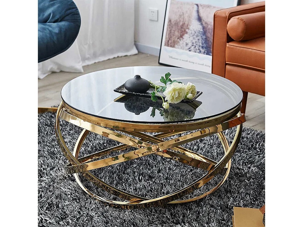 Glas und Metall Couchtisch in Goldfarben und Grau 42 cm hoch