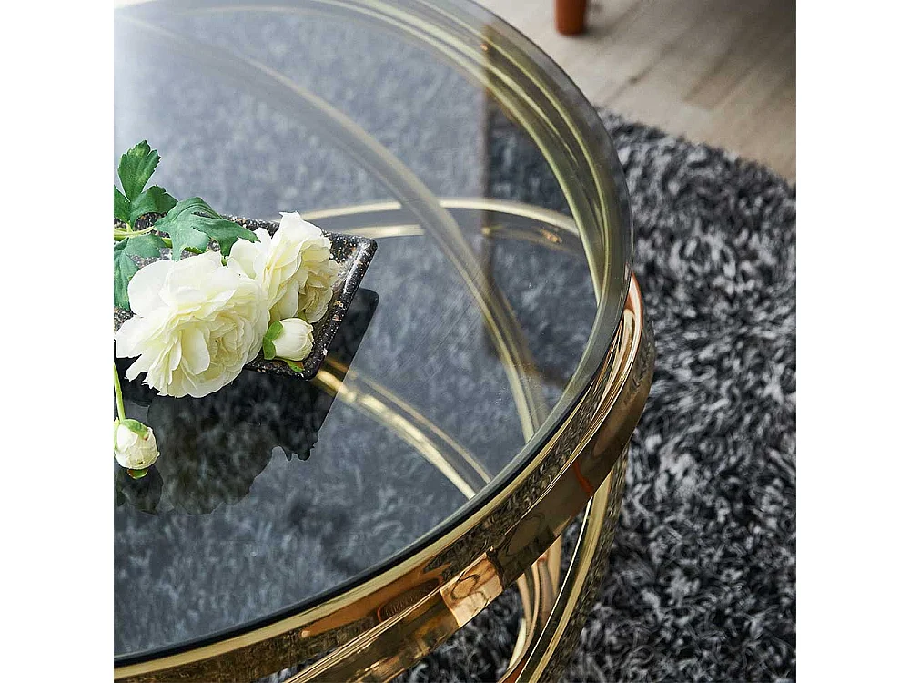 Glas und Metall Couchtisch in Goldfarben und Grau 42 cm hoch