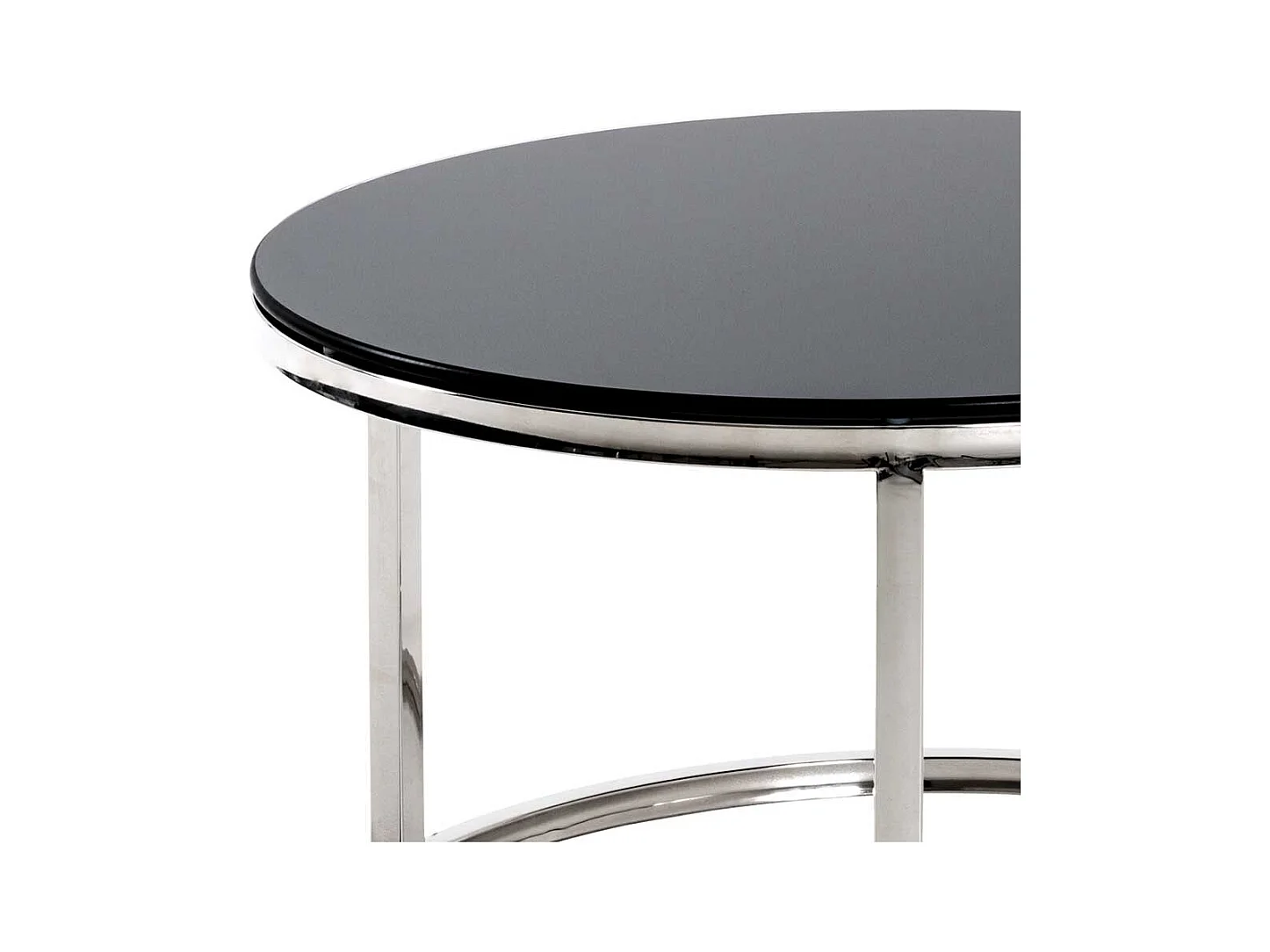 Runder Wohnzimmertisch mit Schwarzglasplatte Bügelgestell aus Edelstahl