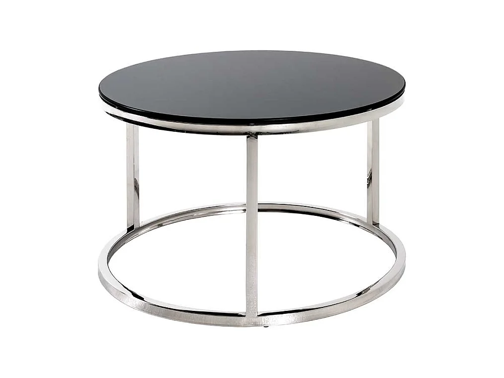Runder Wohnzimmertisch mit Schwarzglasplatte Bügelgestell aus Edelstahl