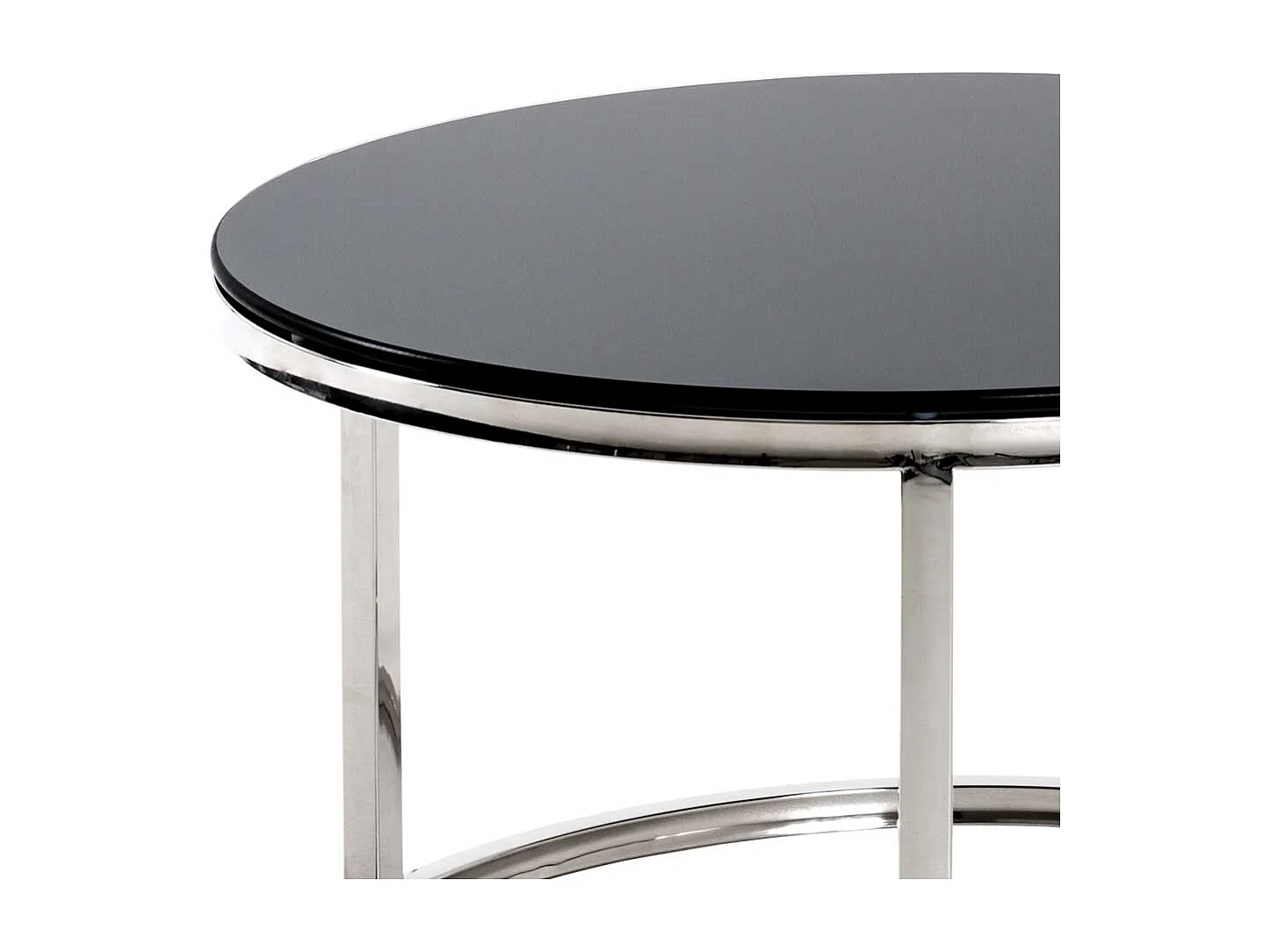 Runder Wohnzimmertisch mit Schwarzglasplatte Bügelgestell aus Edelstahl
