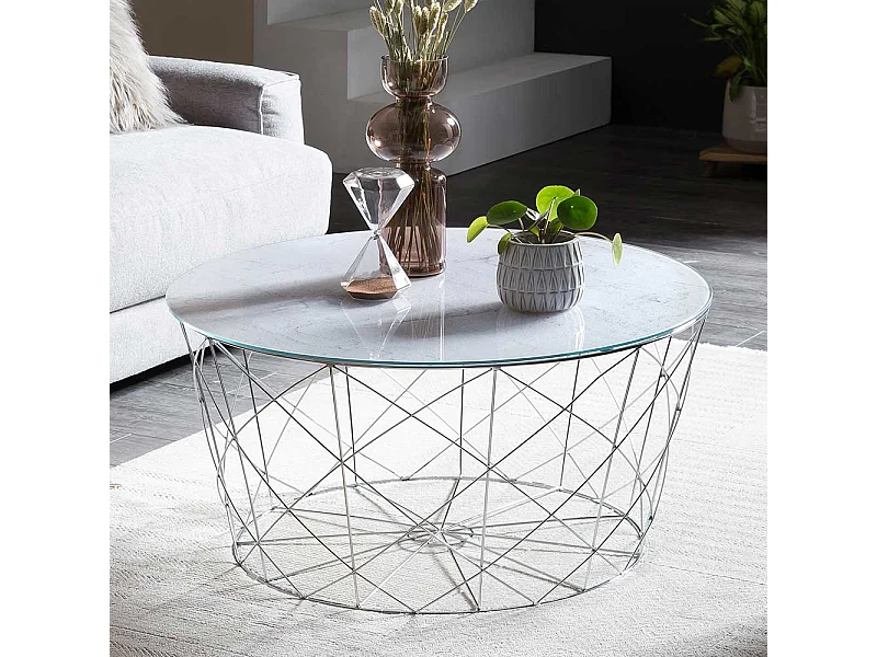 Wohnzimmertisch in Weiß und Chrom Drahtgestell