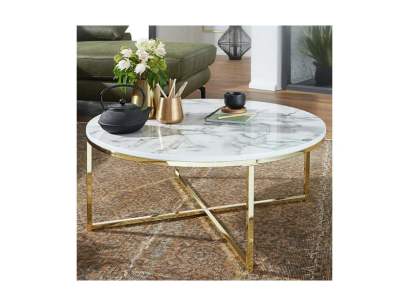Couchtisch in Weiß Marmor Optik und Goldfarben rund