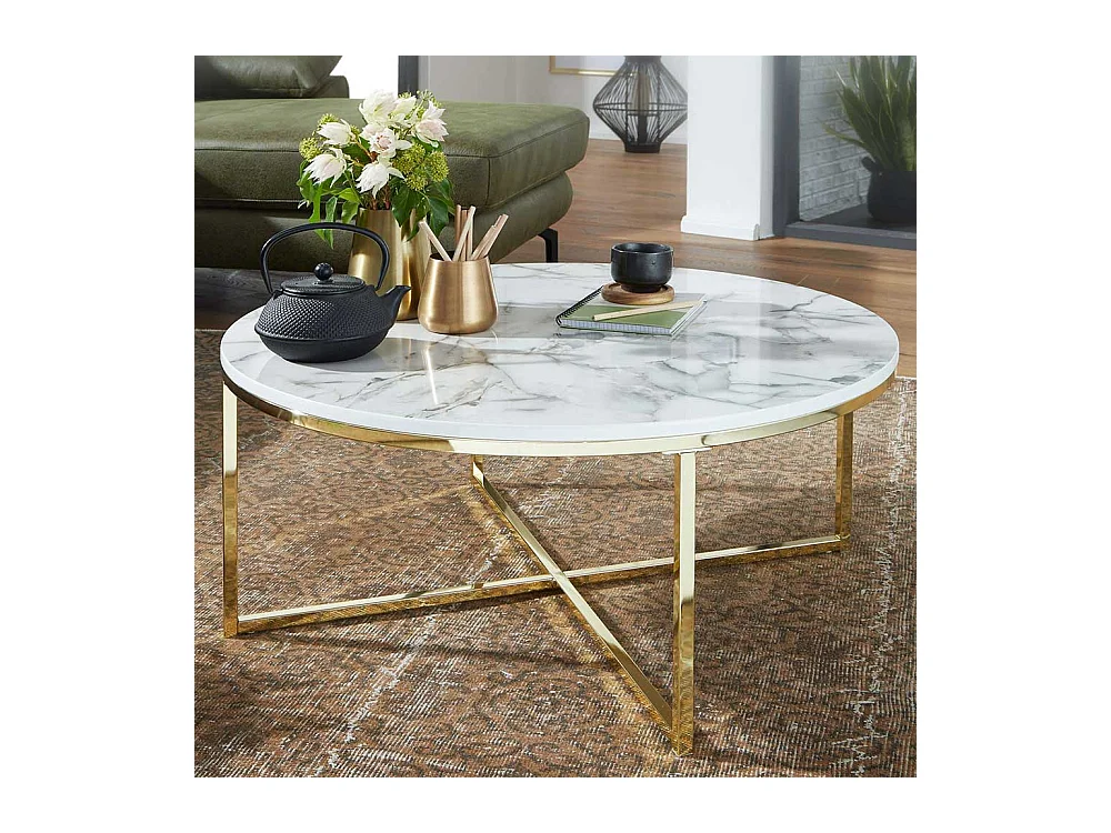 Couchtisch in Weiß Marmor Optik und Goldfarben rund