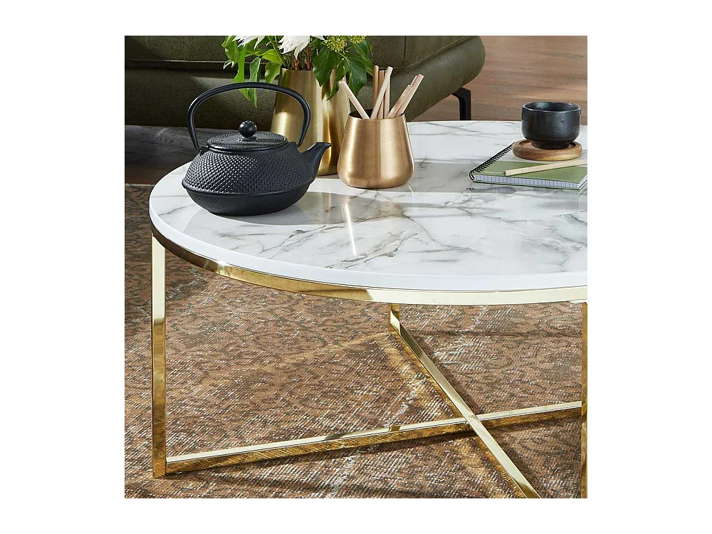 Couchtisch in Weiß Marmor Optik und Goldfarben rund