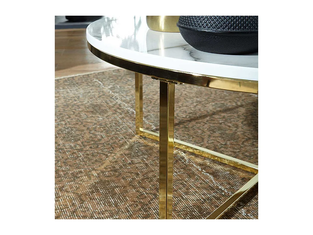 Couchtisch in Weiß Marmor Optik und Goldfarben rund