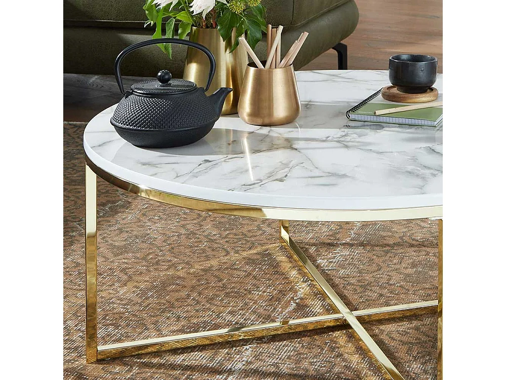 Couchtisch in Weiß Marmor Optik und Goldfarben rund