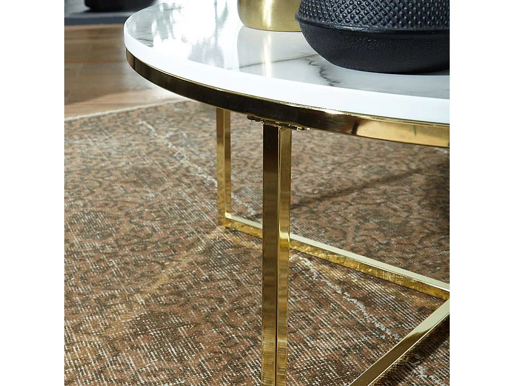 Couchtisch in Weiß Marmor Optik und Goldfarben rund