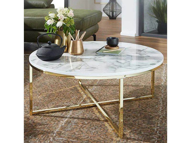 Couchtisch in Weiß Marmor Optik und Goldfarben rund