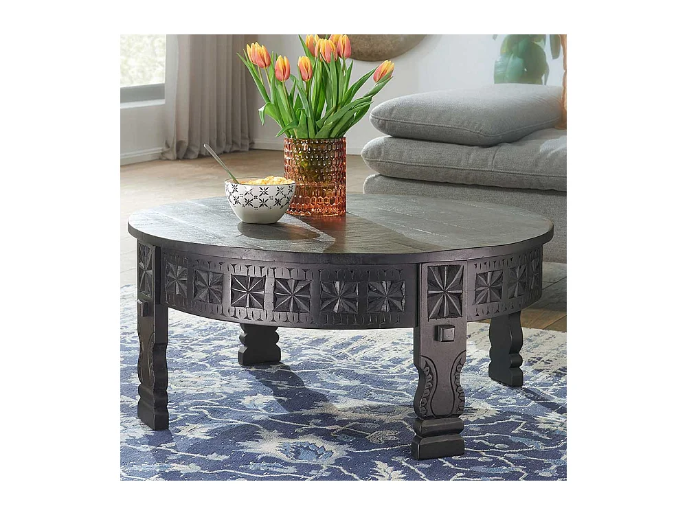 Orientalischer Couchtisch in schwarz lackiert runder Tischplatte