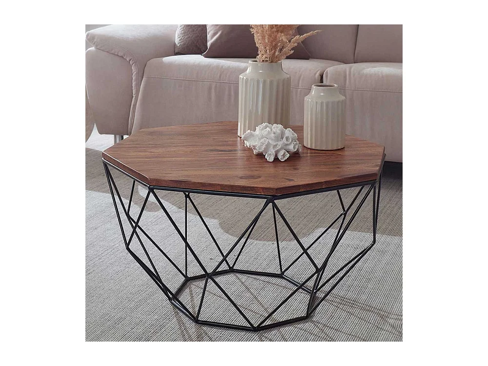 Achteckiger Couchtisch aus Sheesham Massivholz Draht-Gestell aus Edelstahl