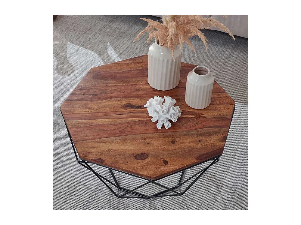 Achteckiger Couchtisch aus Sheesham Massivholz Draht-Gestell aus Edelstahl