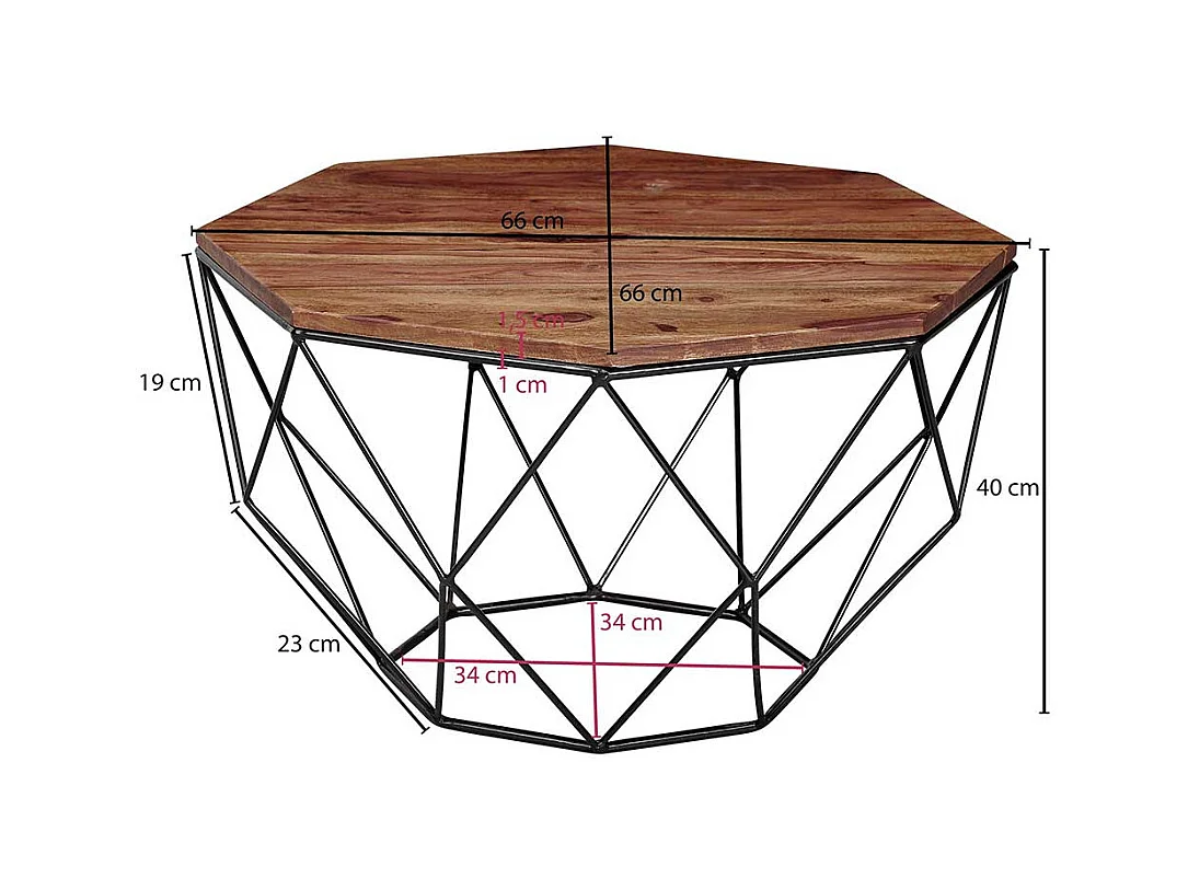 Achteckiger Couchtisch aus Sheesham Massivholz Draht-Gestell aus Edelstahl