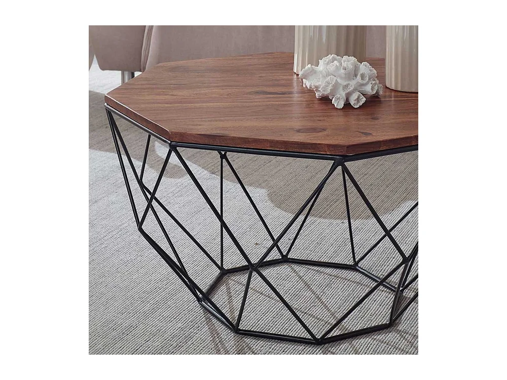 Achteckiger Couchtisch aus Sheesham Massivholz Draht-Gestell aus Edelstahl