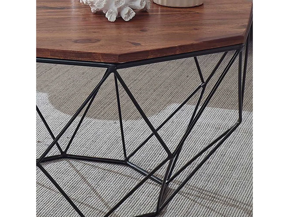 Achteckiger Couchtisch aus Sheesham Massivholz Draht-Gestell aus Edelstahl