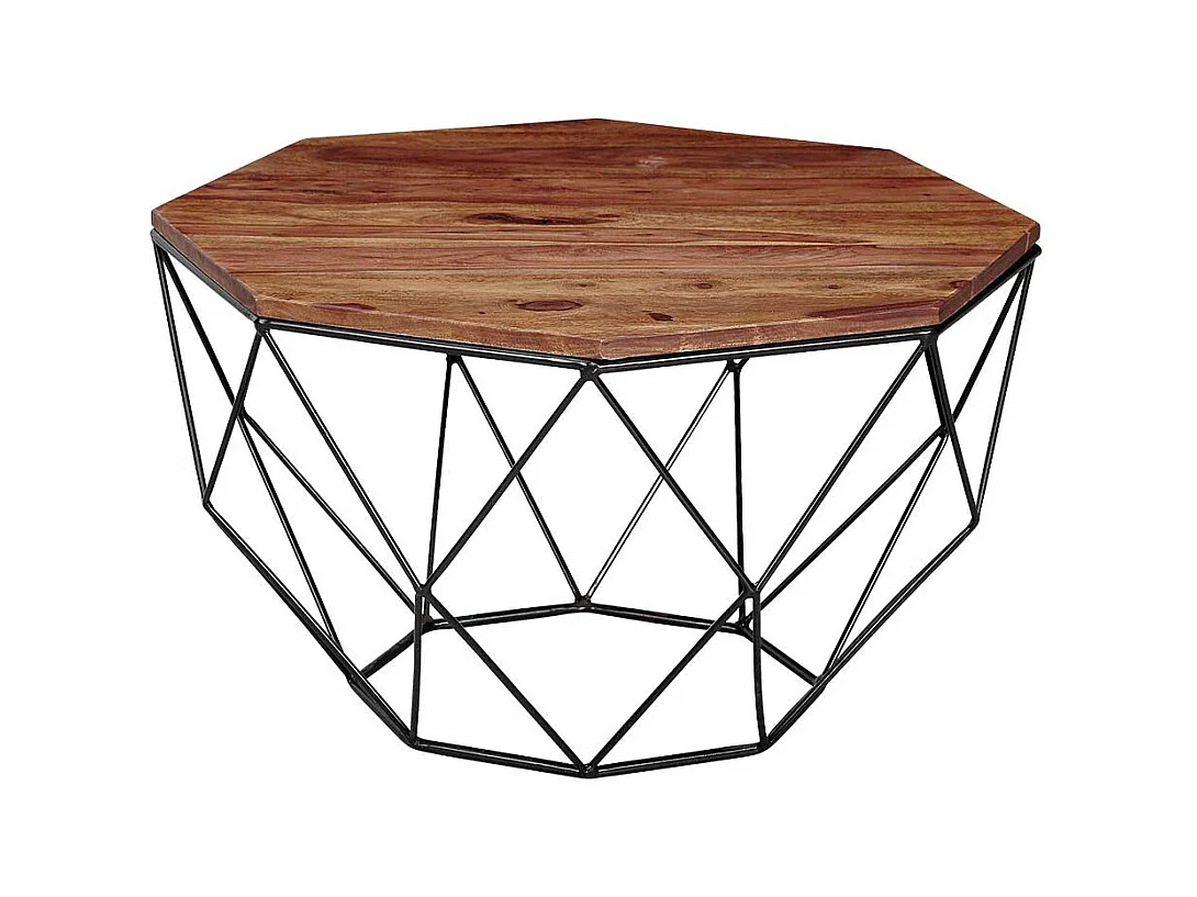 Achteckiger Couchtisch aus Sheesham Massivholz Draht-Gestell aus Edelstahl