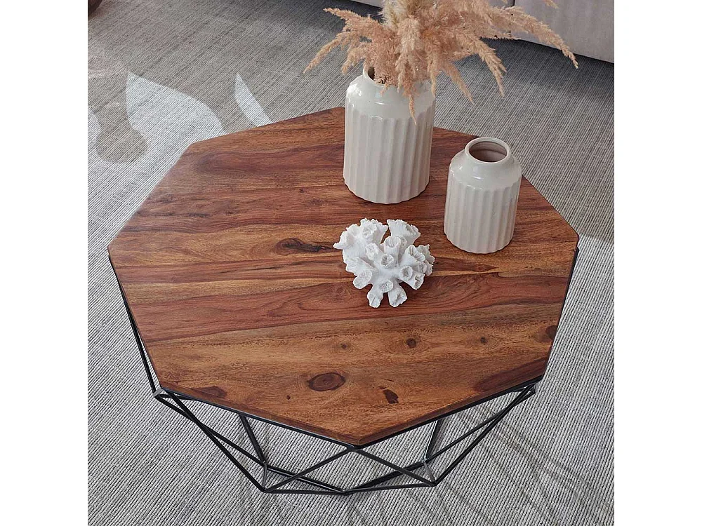 Achteckiger Couchtisch aus Sheesham Massivholz Draht-Gestell aus Edelstahl