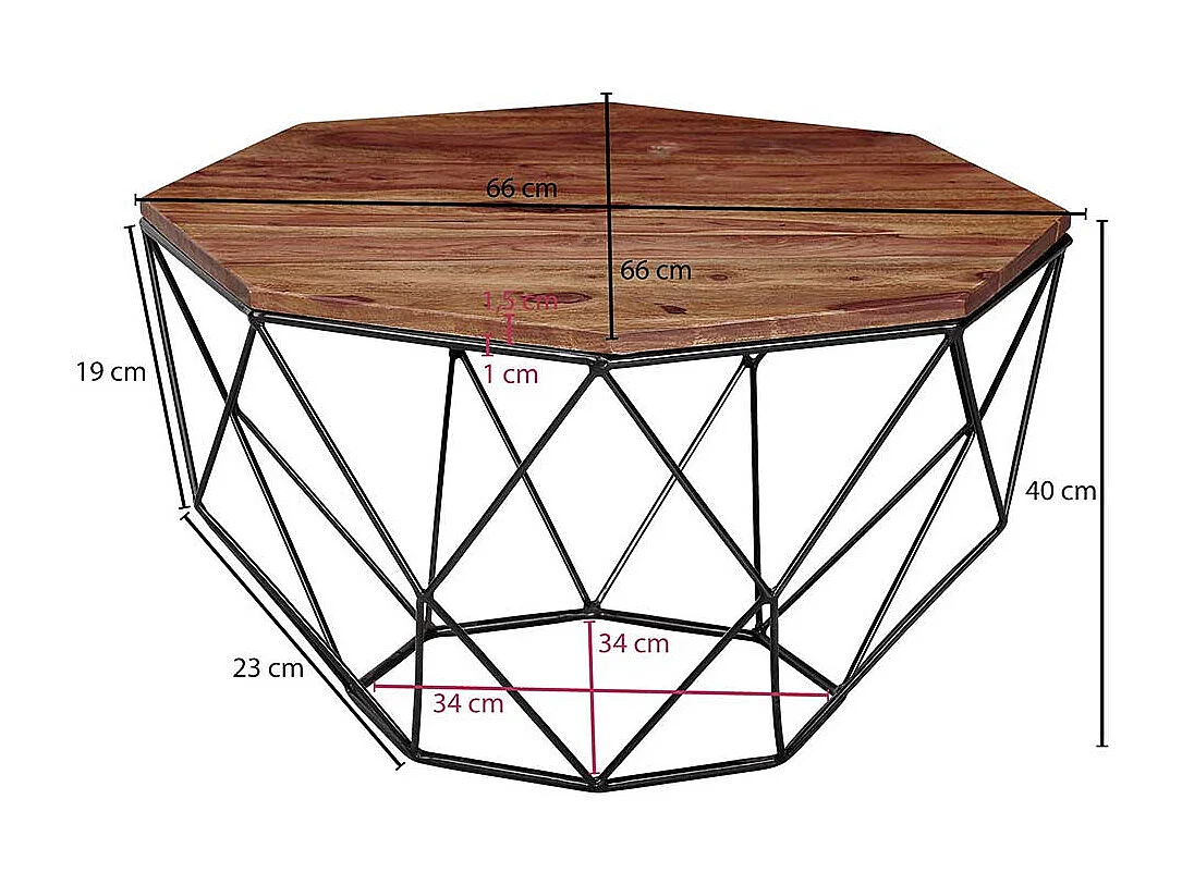Achteckiger Couchtisch aus Sheesham Massivholz Draht-Gestell aus Edelstahl