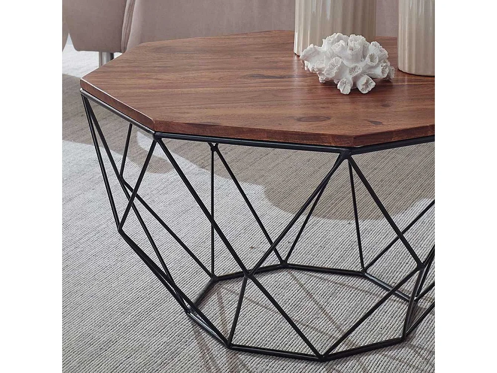 Achteckiger Couchtisch aus Sheesham Massivholz Draht-Gestell aus Edelstahl